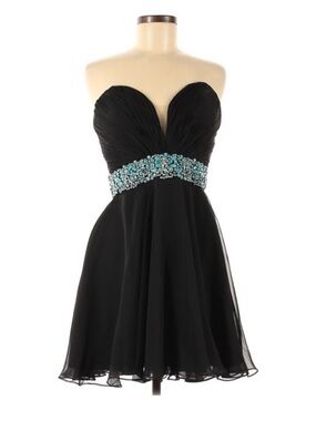 Jovani Black Strapless Chiffon Dress with Turquoise Beaded Waist